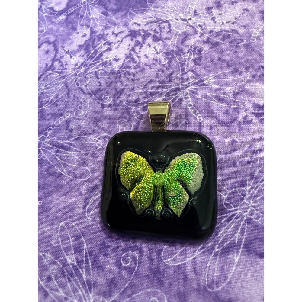 Womens Pendant Black Green Dichroic Fused Glass Butterfly Square Artsy Boho